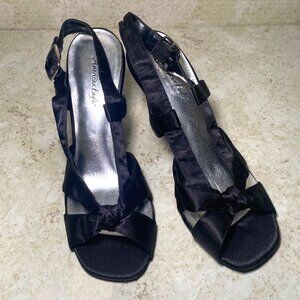 Black Satin Open-Toe Heels With Bow Detail & Adjustable Strap - 3-Inch Heel